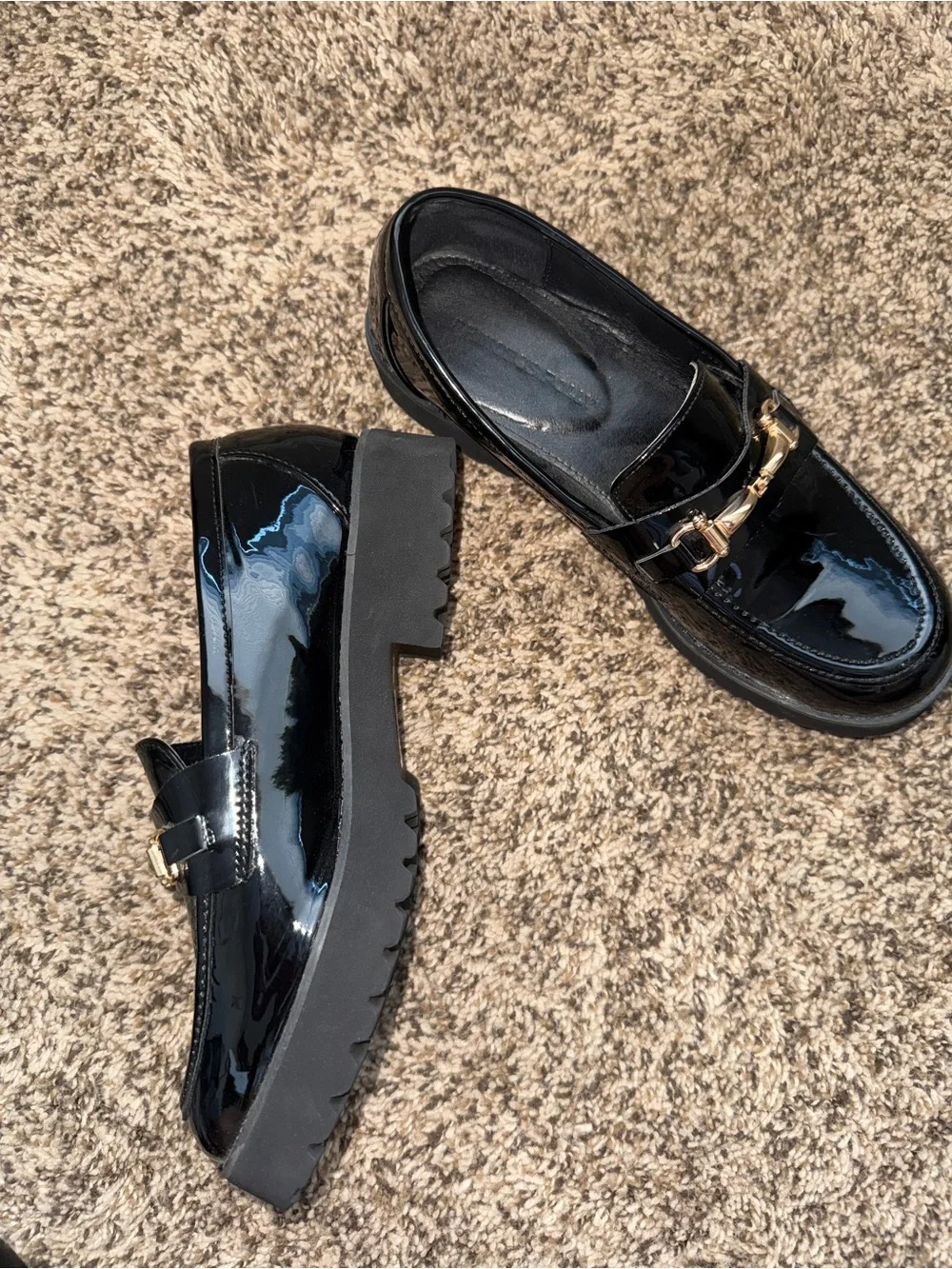 Princess Polly Black Patent Loafers with Gold Hardware